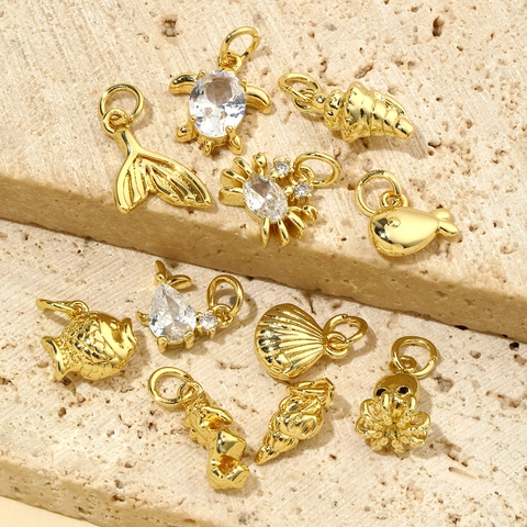 Ocean Marine Life Charms Copper Zircon Gold Plated Sparkling DIY Jewelry Making Components Necklace Bracelet Findings Retro Style