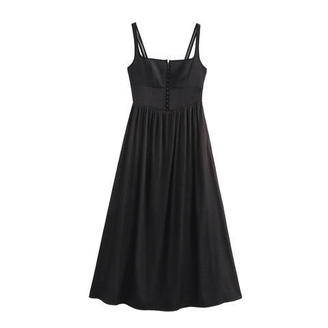 Robe Maxi Femme Aspect Denim Sans Manches Col Carré Boutonnée Taille Haute Plissée Style Corset Robe Longue