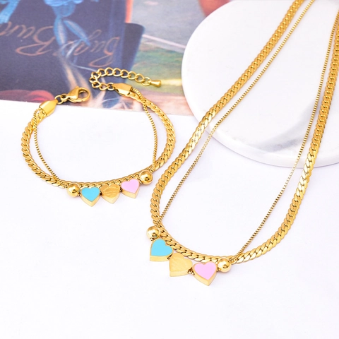 Bijoux Coeur Acier Titane Femmes Double Couche Chaîne Serpent Rose Bleu Or Émail Pendentif Collier Et Bracelet Trendy