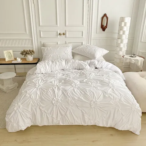 Pintuck Duvet Cover And Pillowcases French Style 3D Pleated Flower Textured Microfiber Bedding Solid Color