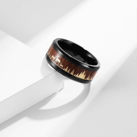 Vintage Bos Eland Hert Titanium Stalen Ring Met Hout Inleg Natuur Geïnspireerd Band Voor Mannen Vrouwen Unisex Sieraden Cadeau