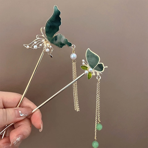 Pic À Cheveux Papillon À Gland Alliage Résine Effet Jade Künstliche Perle Style Chinois Vintage Élégant Épingle Pour Femmes
