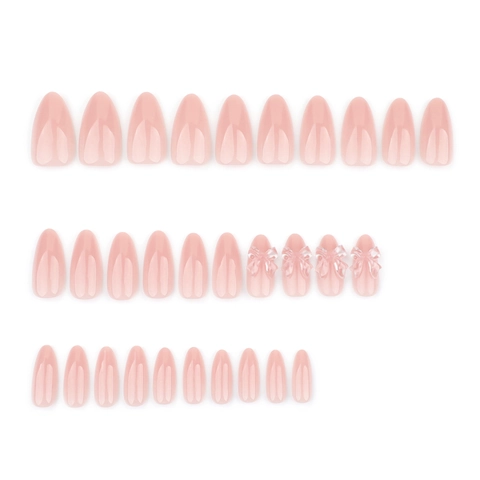 Unghie Finte Forma A Mandorla Rosa Nude Lucido Con Fiocco Trasparente 3D Stile Elegante Per Donne