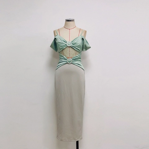 Bodycon Midikleid Satin Spitze Patchwork Schulterfrei Neckholder Hohltaille Strassring Farbblock Elegant Damen