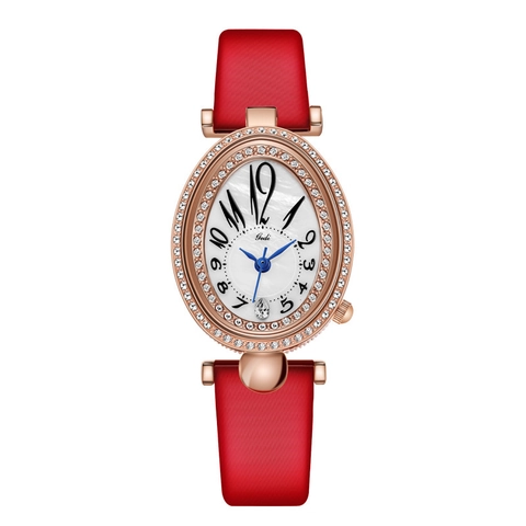 Women Quartz Watch Elegant Oval Rhinestone Alloy Case Leather Strap Artistic Numerals Waterproof Fashion Analog Timepiece