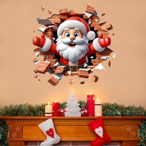 Stickers Muraux Noël 3D Père Noël Renne Effet Mur Brisé PVC Imperméable Autocollant Décoration Festive Maison