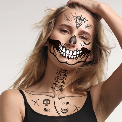 Halloween Face Tattoo Stickers Waterproof Horror Skeleton Skull Scar Design Temporary Body Art For Makeup Masquerade Party