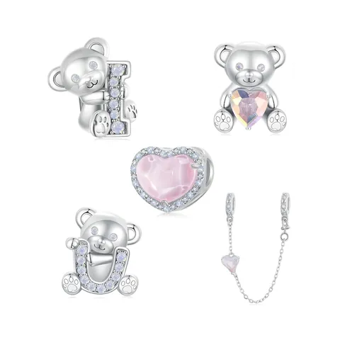 Charm de Oso de Plata de Ley 925 I Love U Corazón Nano Ópalo Diamantes de Imitación Colgante para Pulsera DIY Regalo de San Valentín Joyería de Mujer