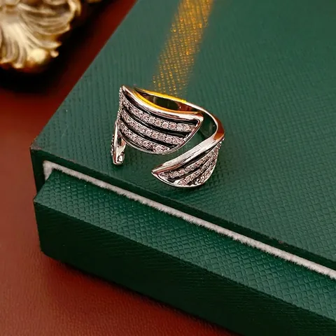 Vintage Wing Open Ring Copper With Black Enamel And Cubic Zirconia Adjustable Fashion Jewelry For Women Retro Elegant