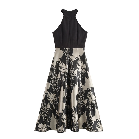 Halter Maxi Jurk Mouwloos Hoge Taille Patchwork Bloemenprint A-Lijn Elegante Lange Partyjurk Voor Dames Polyester