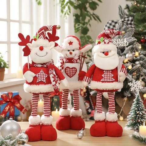 Christmas Telescopic Doll Ornament Knitted Plush Santa Claus Snowman Reindeer Standing Figurine Festive Home Decor