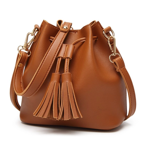 Women PU Leather Bucket Bag With Tassels Drawstring Fashion Casual Crossbody Shoulder Bag Street Style
