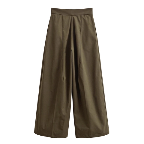 Pantalones De Pierna Ancha De Cintura Alta Poliéster Plisado Fluido Casual Oficina Pantalón Recto Para Mujer Color Sólido