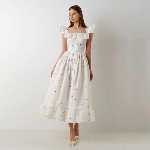 Polyester Midi Jurk Met Bloemen Fruit Print Ruchesmouwen Vierkante Hals Knoopsluiting Voorzijde Slank Elegant Voor Dames