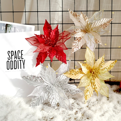 Artificial Christmas Poinsettia Flowers Glitter Sequins Mesh Fabric Tree Ornaments DIY Home Festive Wedding Decor Shiny