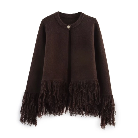 Women Knit Cardigan Round Neck Gold Button Coffee Long Sleeve Fringe Tassel Casual Chic Sweater Outerwear
