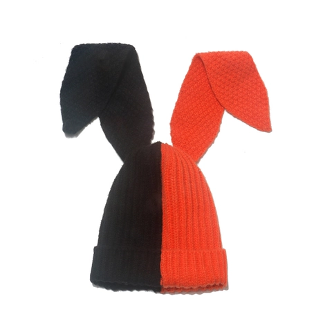 Berretto Beanie Lunghe Orecchie Di Coniglio Maglia Acrilica Calda Patchwork Colore Contrastante Carino Donna