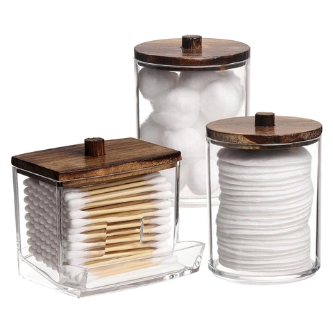 Porta Cotton Fioc Trasparente Con Coperchio In Legno Scatola Di Immagazzinaggio In PS Per Bagno E Trucco Organizer