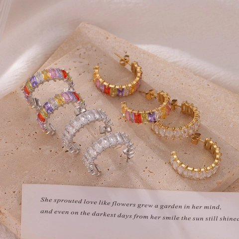 Orecchini a Cerchio C in Acciaio al Titanio Minimalista Zirconia Placcato Oro Argento Taglio Baguette Zirconia Intarsiato Gioielli Donna
