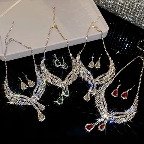 Collana E Orecchini Strass Goccia D'acqua Lega Forma V Nappa Lusso Festa Serale Donna Perno Per Orecchino In Argento