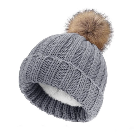 Bonnet Beanie Avec Pompon En Fausse Fourrure Doublé Polaire Tricoté Chaud Hiver Casquette Épaisse Pour Femmes Enfants Couleur Unie Souple