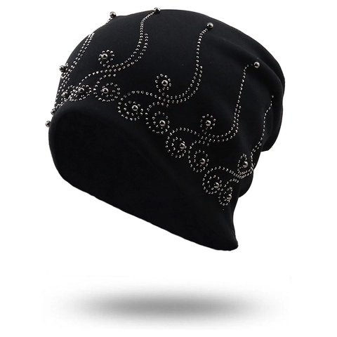 Gorro Beanie Holgado Mezcla De Algodón Punto Cálido Doble Capa Con Decoración De Pedrería Y Cuentas Informal