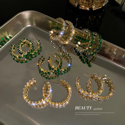 C-Shaped Hoop Earrings For Women Alloy Emerald Green Zircon Rhinestone Inlaid Fashion Jewelry With Silver Earring Post
