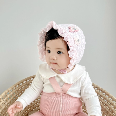 Infant Baby Girls Lace Sun Hat Breathable Ruffle Mesh Bonnet With Adjustable Strap 3D Flower Summer