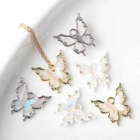 Ciondoli Farfalla Lega Resina Iridescente Strass Pendenti Per Creazione Gioielli DIY Collane Bracciali Accessori