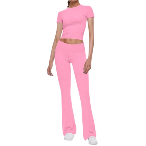Top Y Bottom Para Mujer Casual De Poliéster Y Spandex Conjunto De 2 Piezas Color Sólido Cuello Redondo Manga Corta Crop Top Y Pantalones Campana Para Yoga Deporte Fitness