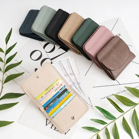 Women Short Wallet Genuine Leather RFID Blocking Minimalist Fashion Lychee Grain Multi Card Slots Snap Closure