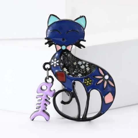 Cute Cartoon Cat Brooch Pin With Fish Bone Pendant Alloy Enamel Floral Pattern Decorative Jewelry For Women Men Kids