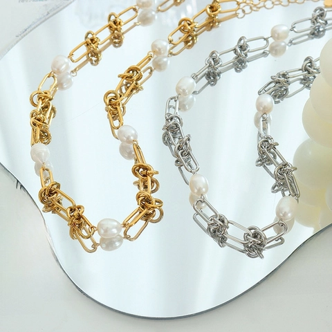 Süßwasserperlen Halskette Und Armband Titanstahl 18K Vergoldet Französisch Vintage Twist Knot Kette Für Damen