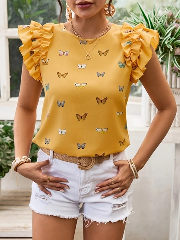 Butterfly Print Blouse Yellow Flutter Sleeve Round Neck Summer Casual Polyester Spandex Top For Women