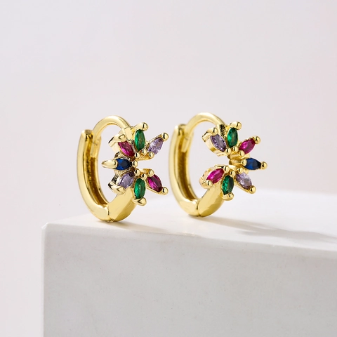Colorful Zircon Hoop Earrings Gold Plated Copper Geometric Fan Shape Irregular Jewelry For Women