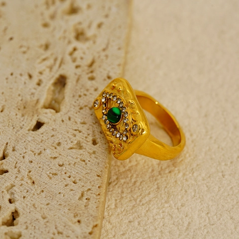 Evil Eye Ring Stainless Steel 18K Gold Plated Green Turquoise White Zircon Hammered Texture Rectangular Plate Vintage Jewelry