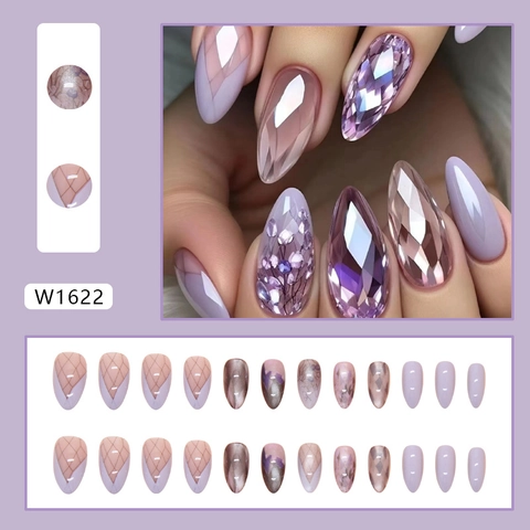 Long Stiletto Press On Nails Light Purple Amethyst Design Fake Nails With Floral Grid Marble Pattern Women DIY Manicure