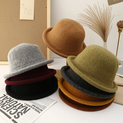 Women Winter Knitted Bucket Hat Solid Color Round Top Rolled Edge Warm Autumn Cloche Hat Fisherman Cap