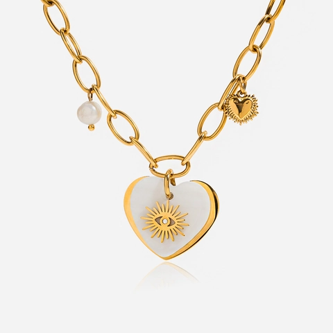 Collar Colgante Corazón Ojo Malvado Acero Inoxidable Chapado Oro 18K Perla Agua Dulce Concha Joyería Vintage Mujer