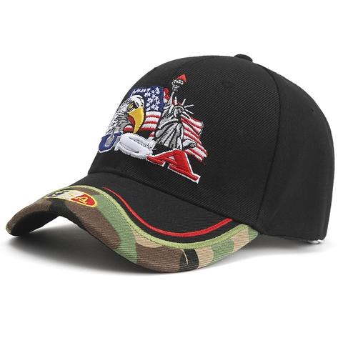 Berretto da Baseball Ricamato con Aquila e Bandiera USA Visiera Mimetica Protezione Solare Esterna Regolabile Uomo Donna