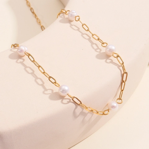 Freshwater Pearl Necklace 18K Gold Plated Stainless Steel Paperclip Chain Elegant Retro Jewelry Women Fashion Accessory