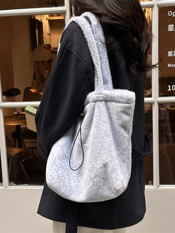 Sac Fourre-Tout Léopard En Fausse Fourrure Pour Femmes Sac À Main En Peluche Avec Cordon De Serrage Hiver Décontracté Tendance