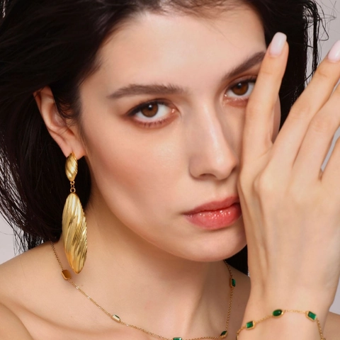 Pendientes Largos De Acero Inoxidable Con Textura Rayada Forma De Hoja Retorcida Chapados En Oro Joyas Elegantes Mujer