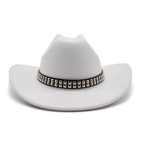 Western Cowboy Hat Woolen Felt Wide Brim Fedora With Silver Square Studded Leather Band Punk Style Retro Unisex Hat