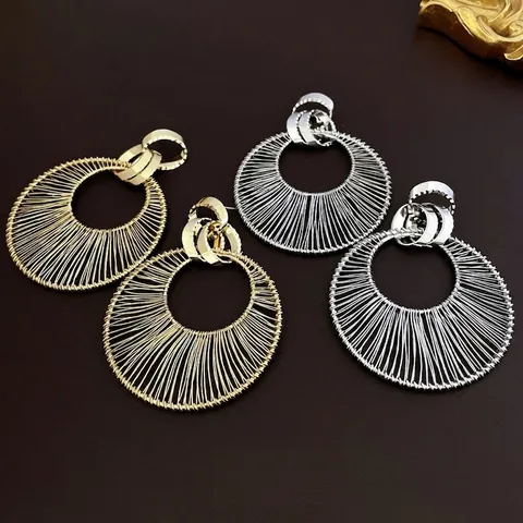 Hollow Geometric Round Earrings Copper Wire Wrapped Minimalist Jewelry With Silver Earring Post For Women