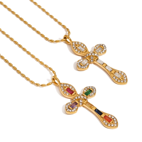 Collana Con Pendente A Croce Placcata Oro 18K Acciaio Inossidabile Zircone Colorato Gioielli Da Donna