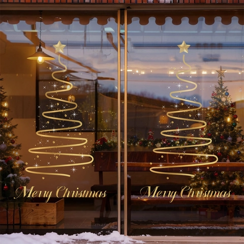 Christmas Window Clings Gold Spiral Tree Merry Christmas Static Cling Stickers For Glass Door Shop Mall Festive Decor