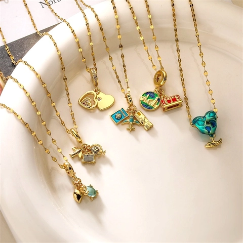 Travel Theme Pendant Necklace Copper Zircon Enamel Airplane Globe Passport Heart Camera Fashionable Women Jewelry