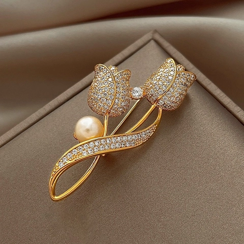 Tulip Brooch Pin Alloy Sparkling Rhinestone Pave Flower With Artificial Pearl Elegant Suit Dress Accessory For Women Office Jewelry