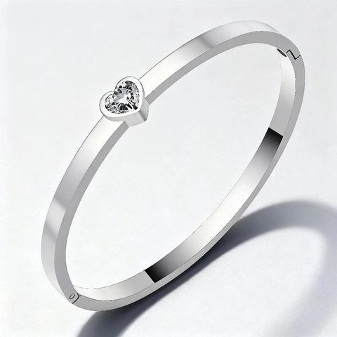 Heart Zircon Bangle Stainless Steel Minimalist Open Bracelet Jewelry For Women